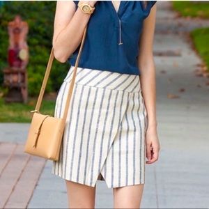 J Crew 100% Linen Crossover Wrap Skirt Blue Striped